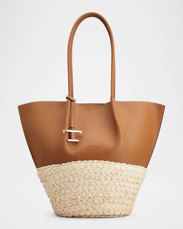 Bux Medium Leather & Woven Leaf Shopping Tote Bag